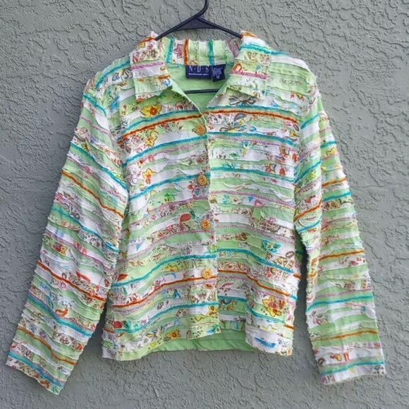 EUC NEW DIRECTION SPORT Green Lightweight Striped Floral Fabric Boho Jacket XL - Picture 1 of 12